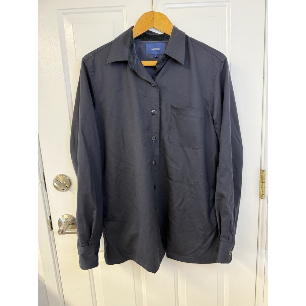 Faconnable Men's L Black Solid  Cotton Long Sleeve Point Collar Shirt